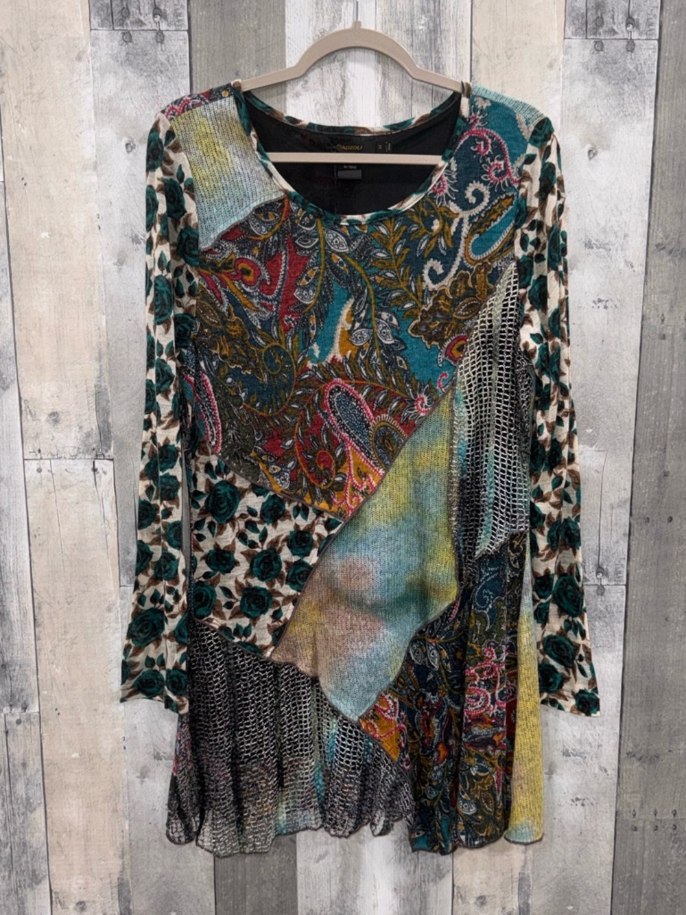 🆕 Radzoli BOHO Gypsy Mixed Media Patchwork Paisley & Floral Long Sleeve Top Sz M